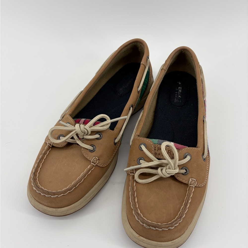 Sperry Angelfish Boat Shoes, Tan‎ Leather Blue & Pink Plaid Pattern Women Sz 8.5